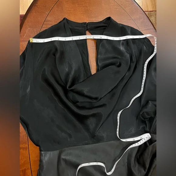 Maeve Anthropologie Black Satin and Vegan Leather Mini Dress. Cowl neck. Size 16 - Picture 14 of 16